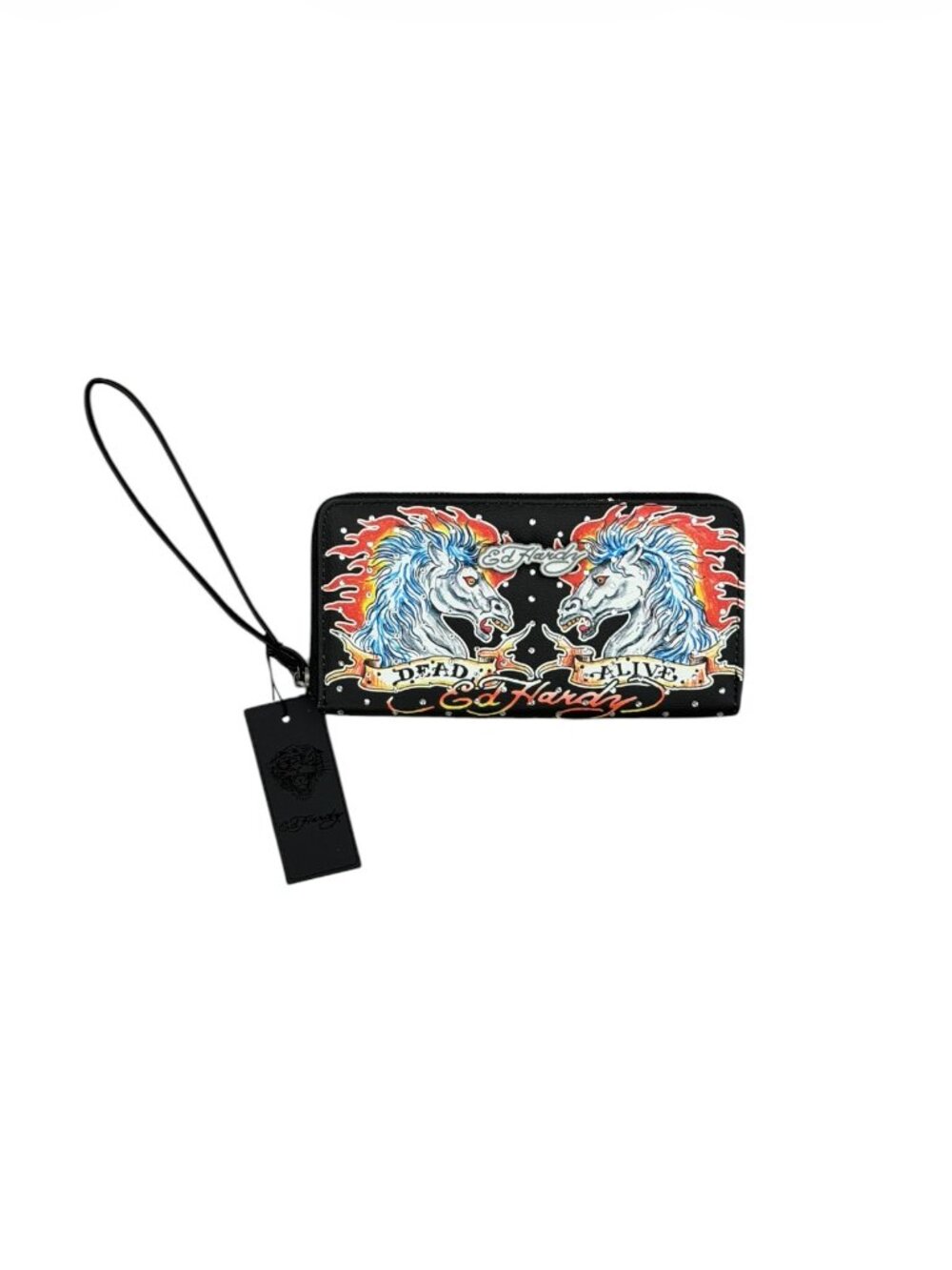 Ed Hardy Rhinestone Zip Wristlet Wallet - Black | NEW